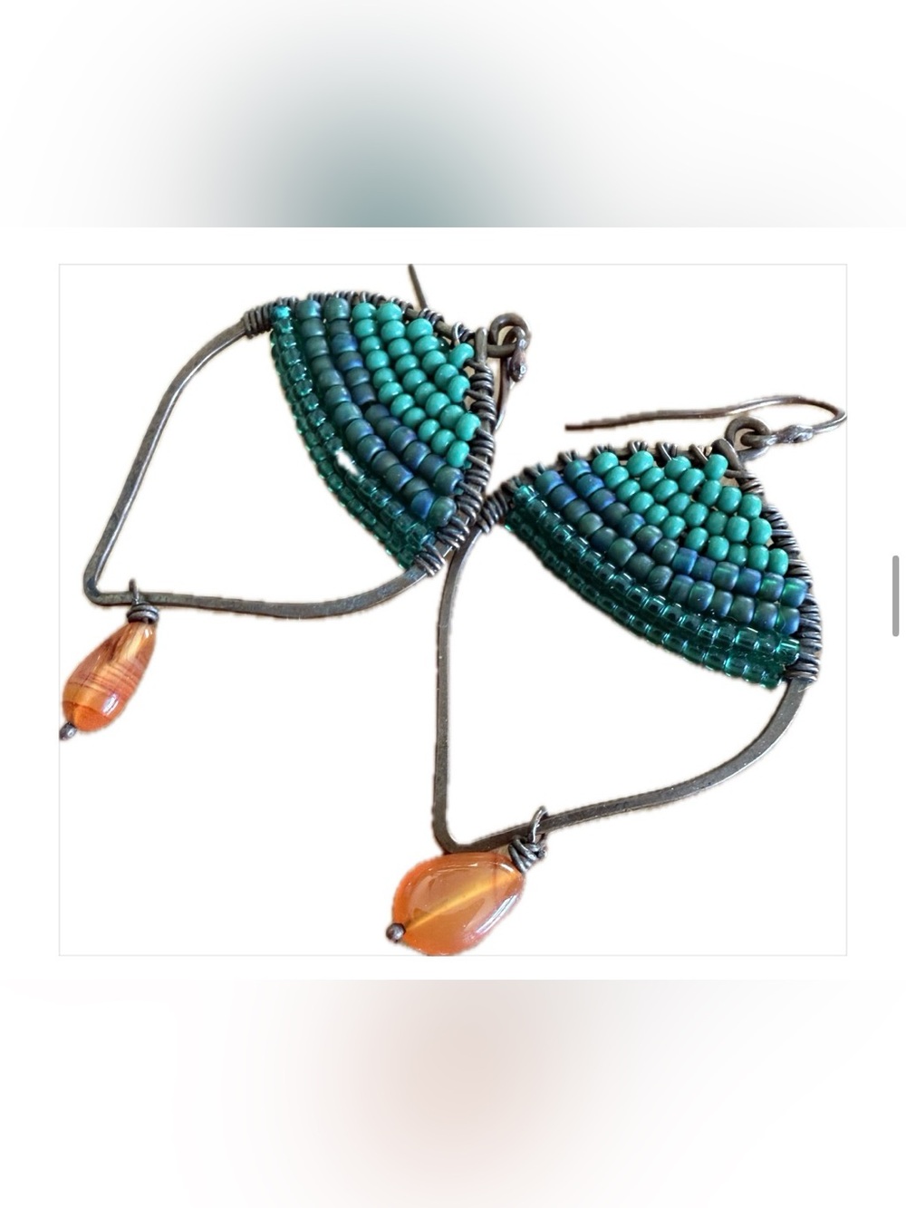 Handcrafted Teal Beaded Leaf Earrings with Amber Drop